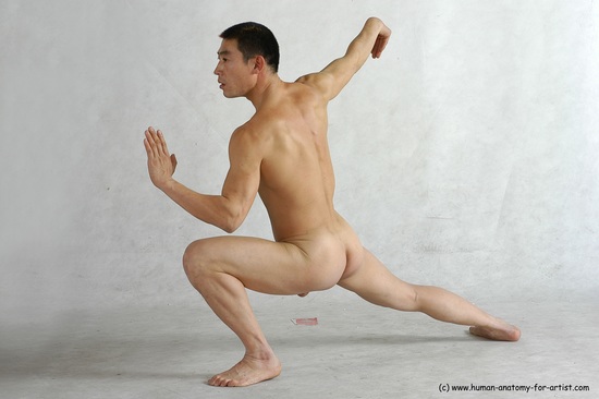 Nude Martial art Man Asian Standing poses - ALL Slim Short Standing poses - knee-bend Black Realistic