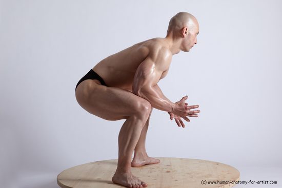 Nude Man White Standing poses - ALL Slim Bald Standing poses - knee-bend Realistic