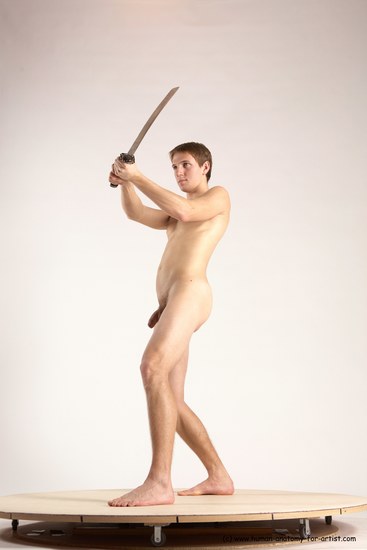 Nude Fighting with sword Man White Standing poses - ALL Slim Short Brown Standing poses - simple Multi angles poses Realistic