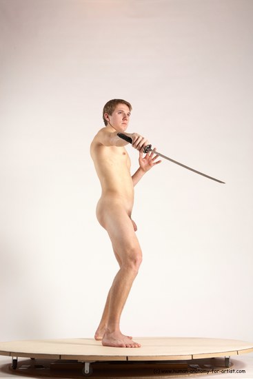 Nude Fighting with sword Man White Standing poses - ALL Slim Short Brown Standing poses - simple Multi angles poses Realistic