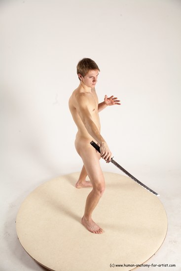 Nude Fighting with sword Man White Standing poses - ALL Slim Short Brown Standing poses - simple Multi angles poses Realistic