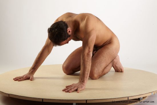 Nude Man White Kneeling poses - ALL Slim Short Kneeling poses - on both knees Black Realistic