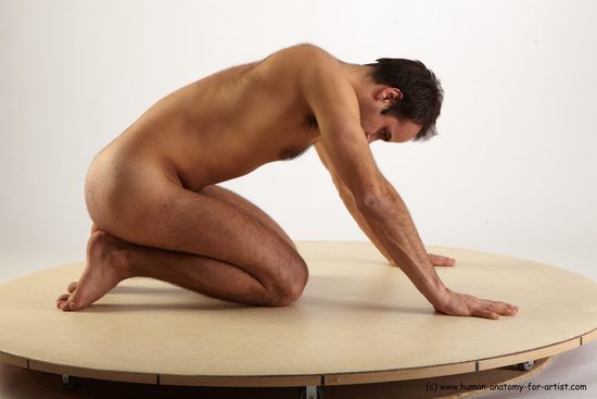 Nude Man White Kneeling poses - ALL Slim Short Kneeling poses - on both knees Black Realistic