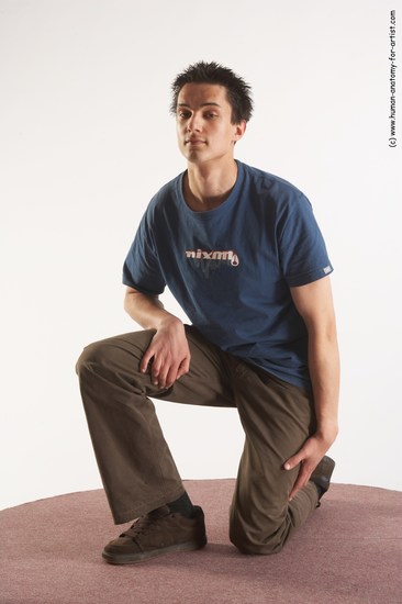 Casual Man White Kneeling poses - ALL Slim Short Brown Kneeling poses - on one knee Academic