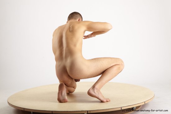 Nude Martial art Man White Kneeling poses - ALL Slim Short Brown Kneeling poses - on one knee Realistic