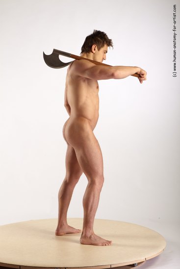 Nude Fighting with axe Man White Standing poses - ALL Muscular Short Brown Standing poses - simple Realistic