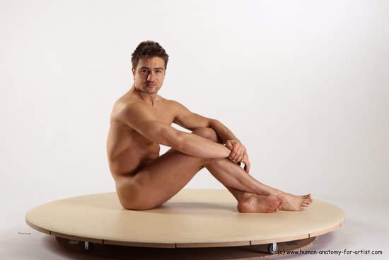 Nude Man White Sitting poses - simple Muscular Short Brown Sitting poses - ALL Realistic