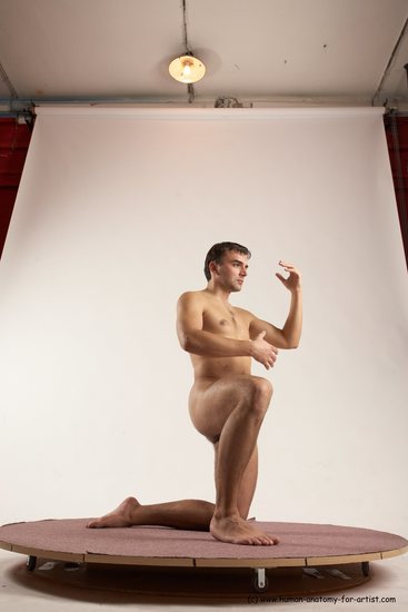 Nude Man White Kneeling poses - ALL Slim Short Brown Kneeling poses - on one knee Multi angles poses Realistic