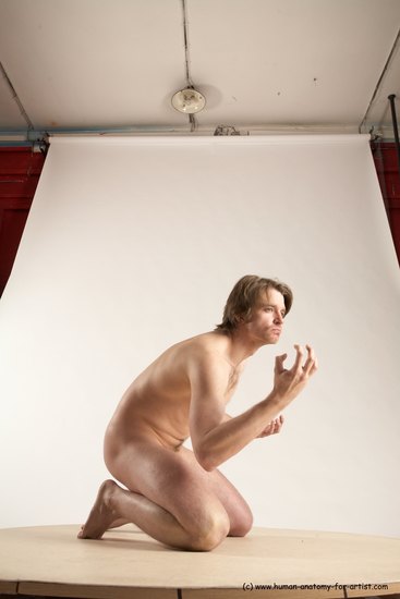 Nude Man White Kneeling poses - ALL Slim Short Brown Kneeling poses - on both knees Multi angles poses Realistic