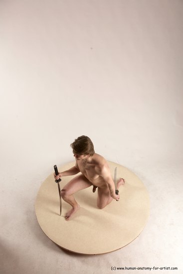 Nude Fighting with sword Man White Kneeling poses - ALL Slim Short Brown Kneeling poses - on one knee Multi angles poses Realistic