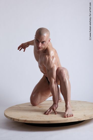 Swimsuit Man White Kneeling poses - ALL Muscular Bald Kneeling poses - on one knee Academic