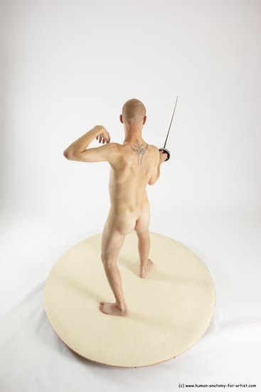 Nude Fighting with sword Man White Standing poses - ALL Slim Bald Standing poses - simple Multi angles poses Realistic