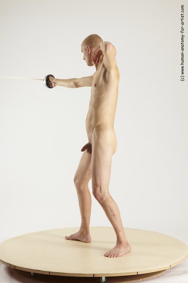 Nude Fighting with sword Man White Standing poses - ALL Slim Bald Standing poses - simple Multi angles poses Realistic