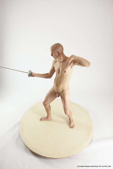 Nude Fighting with sword Man White Standing poses - ALL Slim Bald Standing poses - simple Multi angles poses Realistic