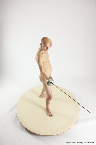 Nude Fighting with sword Man White Standing poses - ALL Slim Bald Standing poses - simple Multi angles poses Realistic