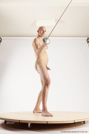 Nude Fighting with sword Man White Standing poses - ALL Slim Bald Standing poses - simple Multi angles poses Realistic