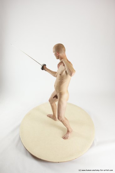 Nude Fighting with sword Man White Standing poses - ALL Slim Bald Standing poses - simple Multi angles poses Realistic