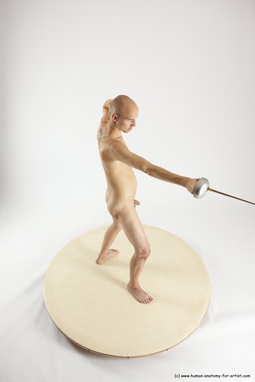 Nude Fighting with sword Man White Standing poses - ALL Slim Bald Standing poses - simple Multi angles poses Realistic