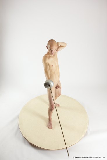 Nude Fighting with sword Man White Standing poses - ALL Slim Bald Standing poses - simple Multi angles poses Realistic