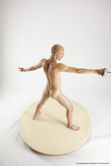 Nude Fighting with sword Man White Standing poses - ALL Slim Bald Standing poses - simple Multi angles poses Realistic