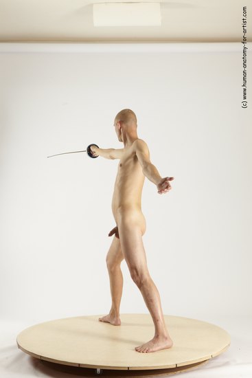 Nude Fighting with sword Man White Standing poses - ALL Slim Bald Standing poses - simple Multi angles poses Realistic