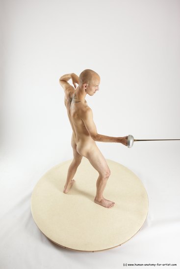 Nude Fighting with sword Man White Standing poses - ALL Slim Bald Standing poses - simple Multi angles poses Realistic