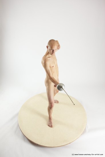 Nude Fighting with sword Man White Standing poses - ALL Slim Bald Standing poses - simple Multi angles poses Realistic