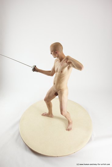 Nude Fighting with sword Man White Standing poses - ALL Slim Bald Standing poses - simple Multi angles poses Realistic