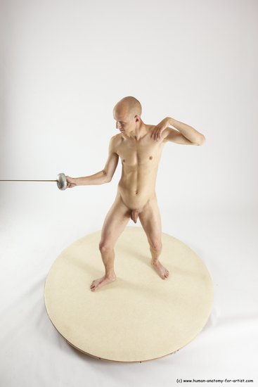 Nude Fighting with sword Man White Standing poses - ALL Slim Bald Standing poses - simple Multi angles poses Realistic