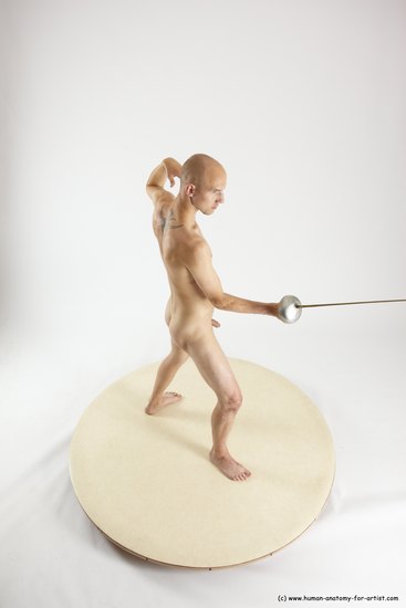 Nude Fighting with sword Man White Standing poses - ALL Slim Bald Standing poses - simple Multi angles poses Realistic