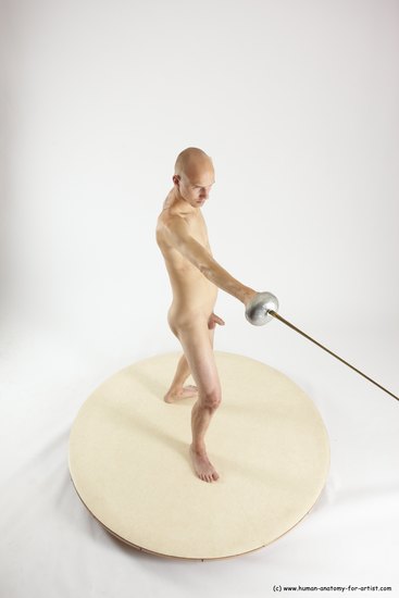 Nude Fighting with sword Man White Standing poses - ALL Slim Bald Standing poses - simple Multi angles poses Realistic