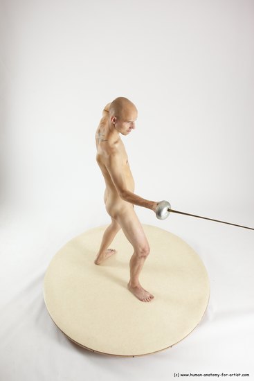 Nude Fighting with sword Man White Standing poses - ALL Slim Bald Standing poses - simple Multi angles poses Realistic