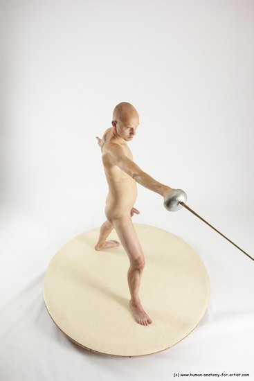 Nude Fighting with sword Man White Standing poses - ALL Slim Bald Standing poses - simple Multi angles poses Realistic