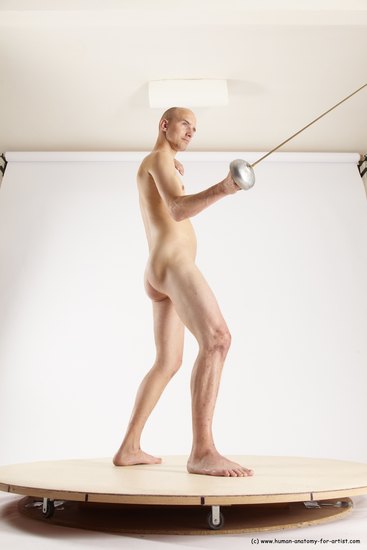 Nude Fighting with sword Man White Standing poses - ALL Slim Bald Standing poses - simple Multi angles poses Realistic