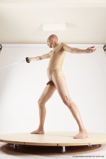 Nude Fighting with sword Man White Standing poses - ALL Slim Bald Standing poses - simple Multi angles poses Realistic