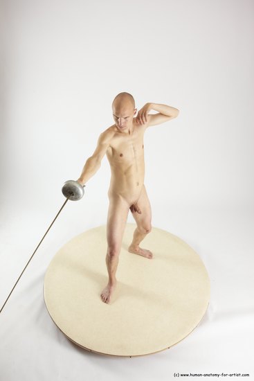 Nude Fighting with sword Man White Standing poses - ALL Slim Bald Standing poses - simple Multi angles poses Realistic