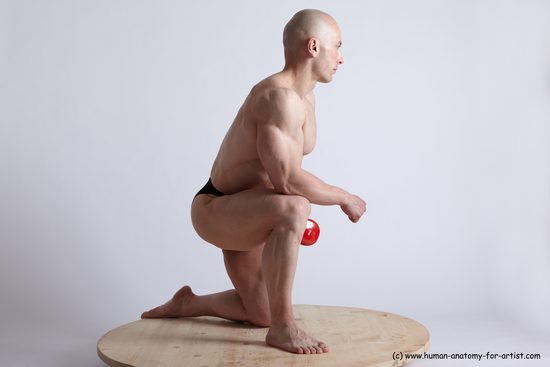 Swimsuit Man White Kneeling poses - ALL Muscular Bald Kneeling poses - on one knee Academic