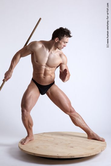 Swimsuit Fighting with spear Man White Standing poses - ALL Muscular Short Brown Standing poses - simple Academic