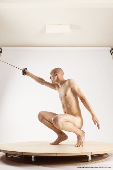 Nude Fighting with sword Man White Standing poses - ALL Slim Bald Standing poses - knee-bend Multi angles poses Realistic