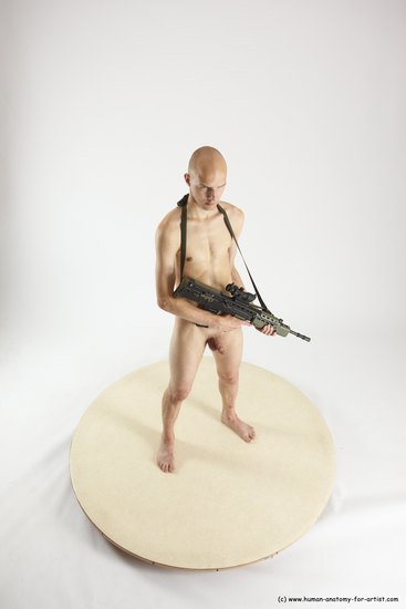 Nude Fighting with submachine gun Man White Standing poses - ALL Slim Bald Standing poses - simple Multi angles poses Realistic