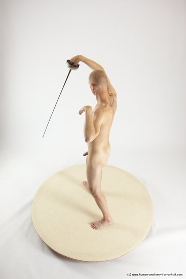 Nude Fighting with sword Man White Standing poses - ALL Slim Bald Standing poses - simple Multi angles poses Realistic