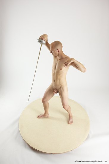 Nude Fighting with sword Man White Standing poses - ALL Slim Bald Standing poses - simple Multi angles poses Realistic