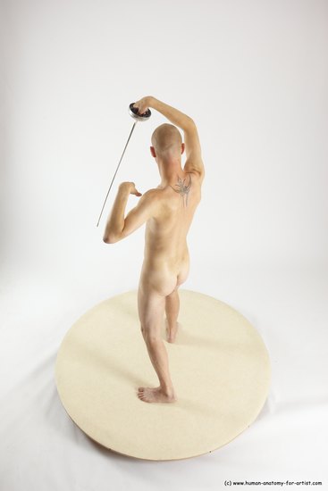 Nude Fighting with sword Man White Standing poses - ALL Slim Bald Standing poses - simple Multi angles poses Realistic