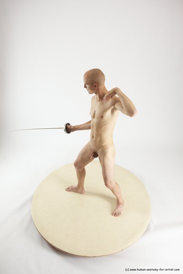 Nude Fighting with sword Man White Standing poses - ALL Slim Bald Standing poses - simple Multi angles poses Realistic