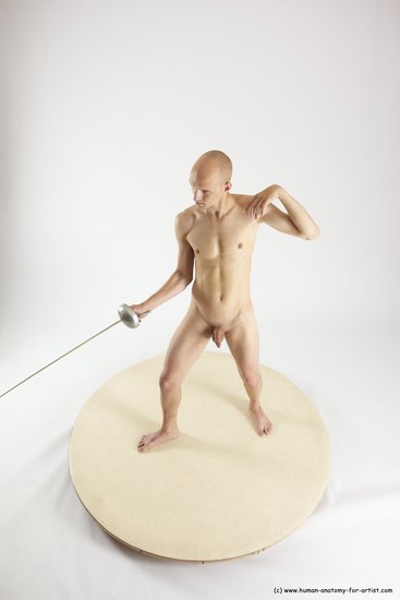 Nude Fighting with sword Man White Standing poses - ALL Slim Bald Standing poses - simple Multi angles poses Realistic