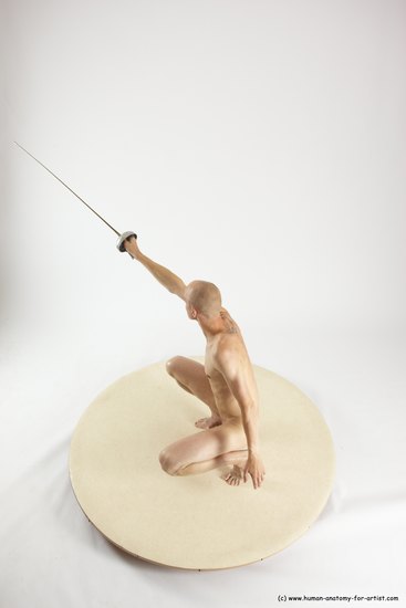 Nude Fighting with sword Man White Standing poses - ALL Slim Bald Standing poses - knee-bend Multi angles poses Realistic