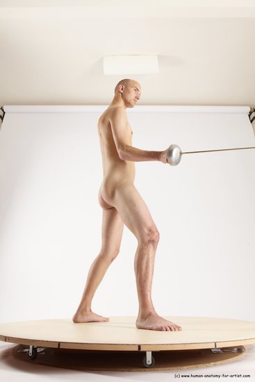 Nude Fighting with sword Man White Standing poses - ALL Slim Bald Standing poses - simple Multi angles poses Realistic