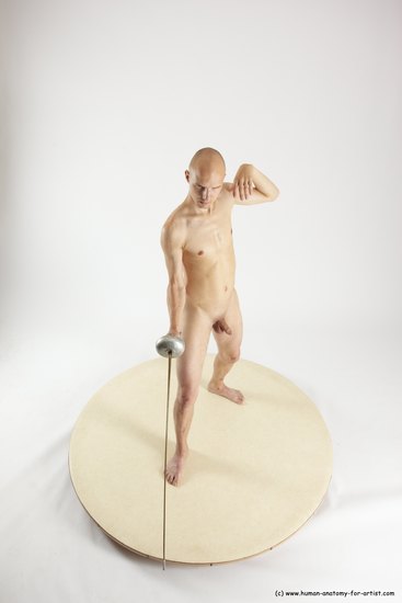 Nude Fighting with sword Man White Standing poses - ALL Slim Bald Standing poses - simple Multi angles poses Realistic