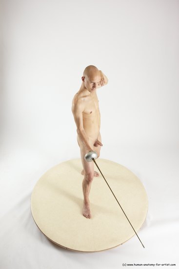 Nude Fighting with sword Man White Standing poses - ALL Slim Bald Standing poses - simple Multi angles poses Realistic