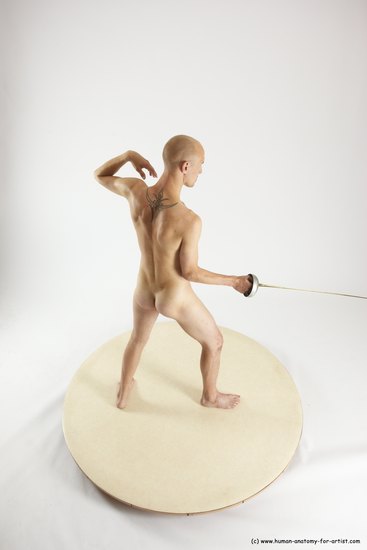 Nude Fighting with sword Man White Standing poses - ALL Slim Bald Standing poses - simple Multi angles poses Realistic